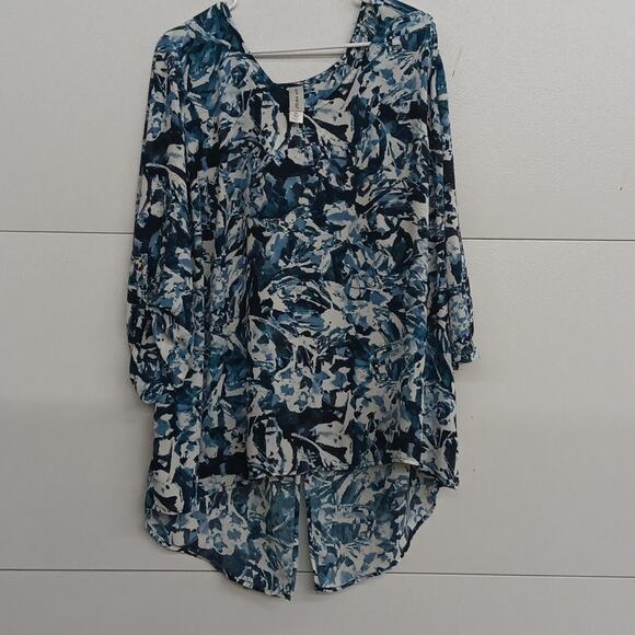 EUC Pure Energy 2x Blue White Roll Tab Sleeves Slit Back Top - Picture 1 of 7